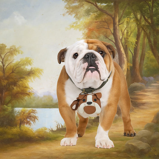 Bijou de sac fait main en cuir véritable marron, en forme de bouledogue élégant.