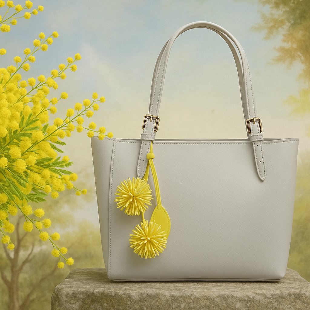 Bijou de sac Pomponnette en cuir jaune, inspiré du mimosa, suspendu à un sac gris sur fond de pierre, avec un bouquet de fleurs de mimosa — accessoire LaMartine.