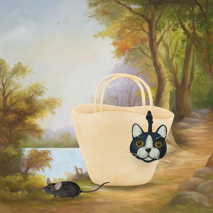 Bijou de sac en cuir en forme de tête de chat suspendu à un panier, décor poétique de forêt avec une souris en fuite.
