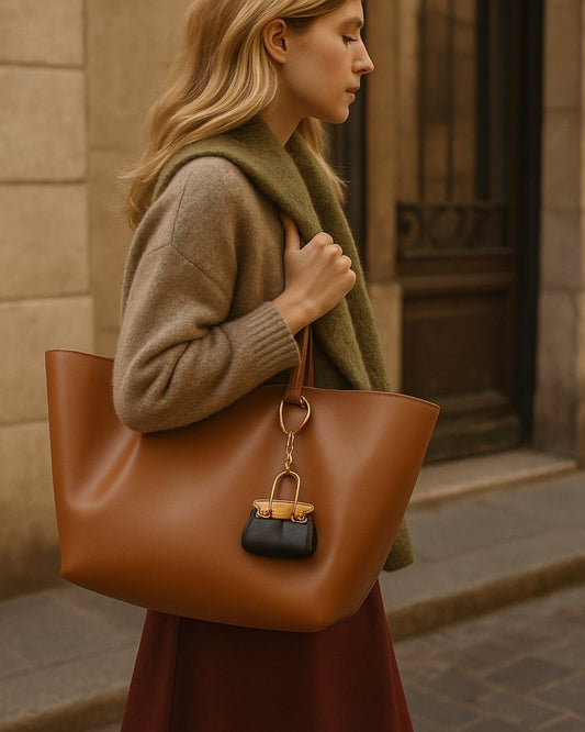 Femme dans la rue portant un grand sac camel orné d’un bijou de sac miniature en cuir noir et doré, dans une ambiance parisienne élégante et naturelle signée LaMartine.